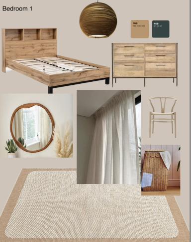 Bedroom design featuring wooden furniture, a round mirror, curtains, and a rug.